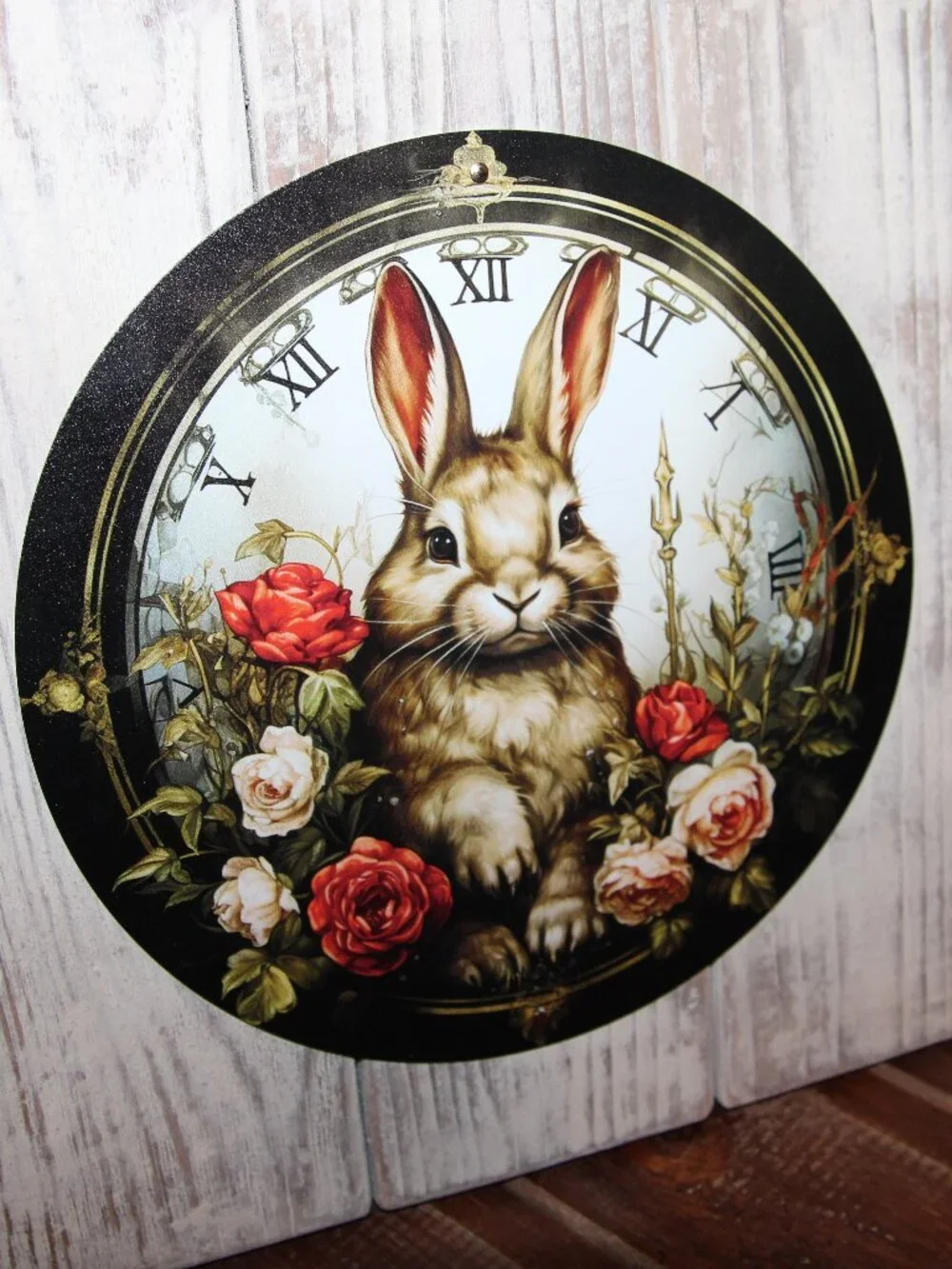 NEW Shabby French Country Farmhouse Bunny Rabbit & Roses Clock Face Wall Decor